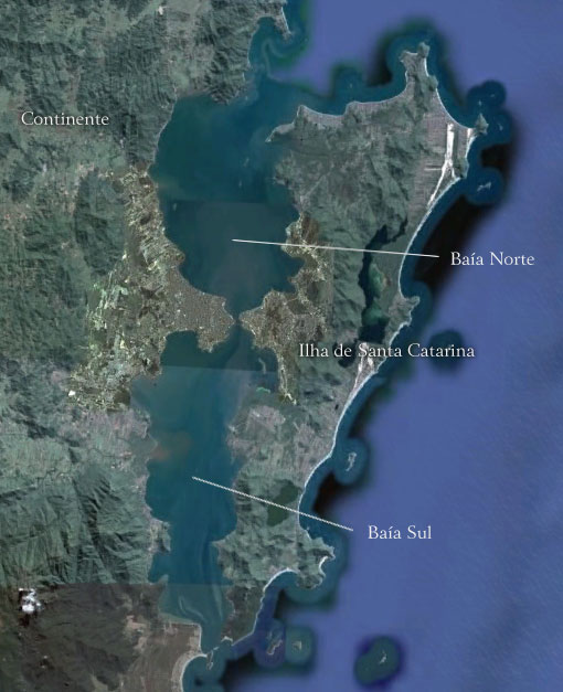 Baías Norte e Sul na Grande Florianópolis - Imagem: Google Earth Baías Norte e Sul na Grande Florianópolis - Imagem: Google Earth